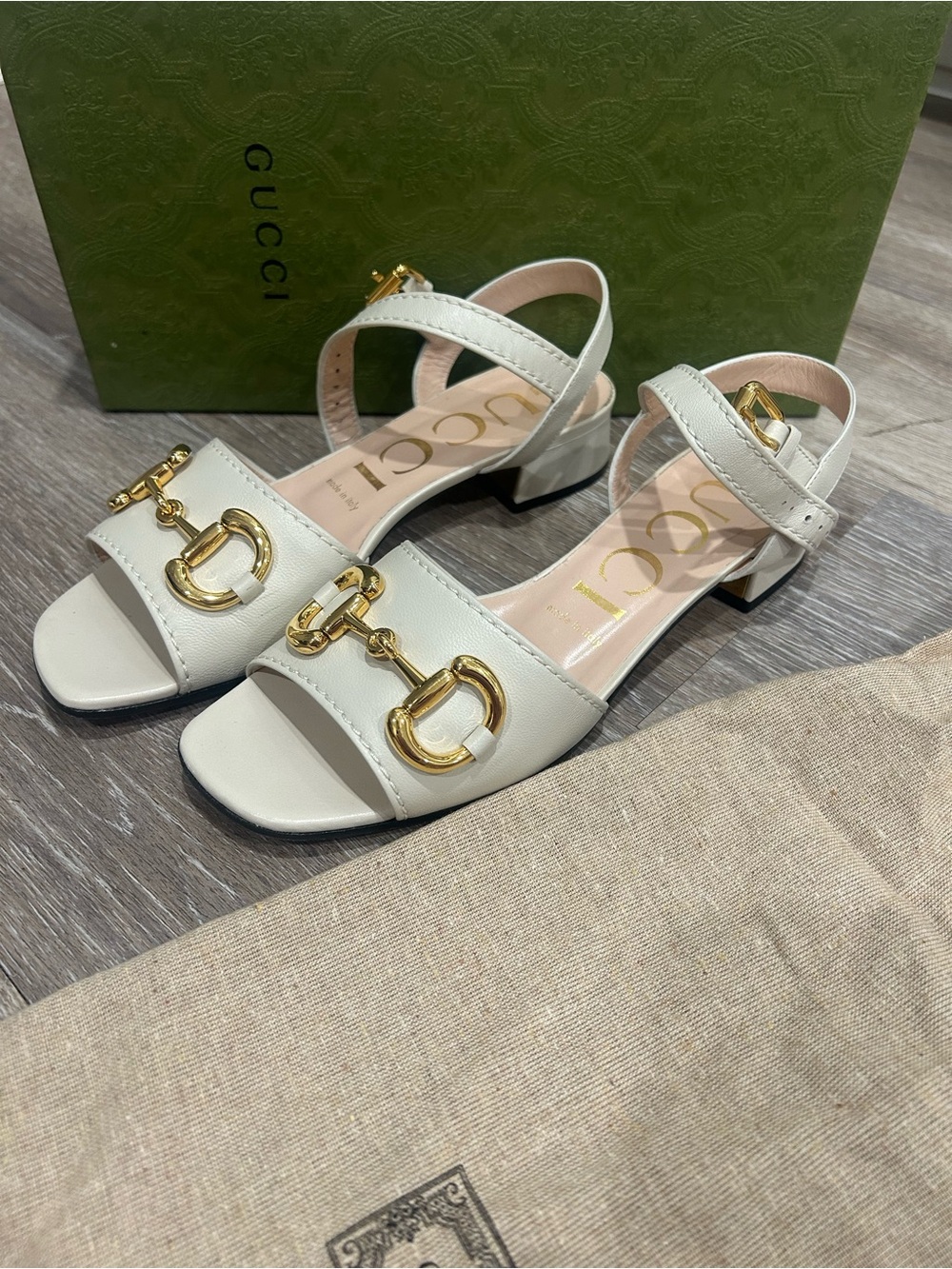 Gucci Horsebit Leather Low Block Heel Sandals Mystic White Ivory Size 37.5